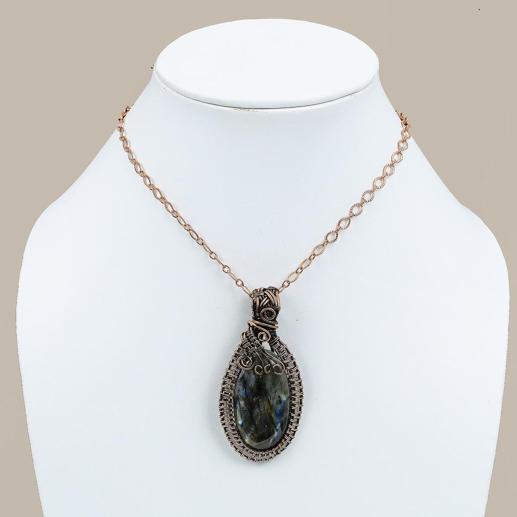 Natural Labradorite Gemstone Handmade Copper Wire Wrap Gift Pendant 2.6 G5R77