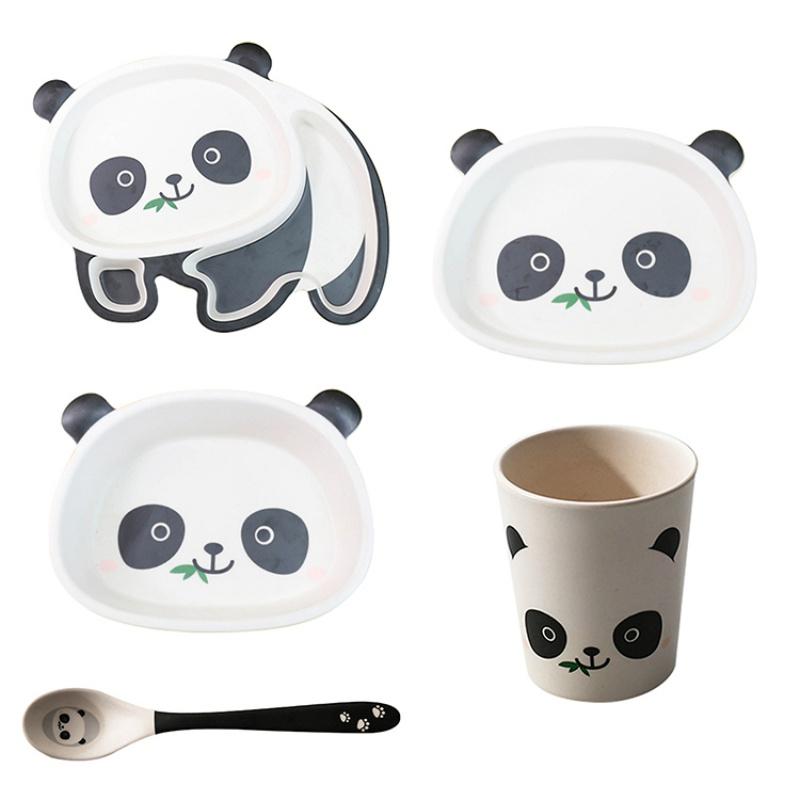 Bamboevezel Kinder Servies Schattige Cartoon Panda Voedselbord Kinderbord Kom Baby Compartiment Dinerbord Lepel Servies