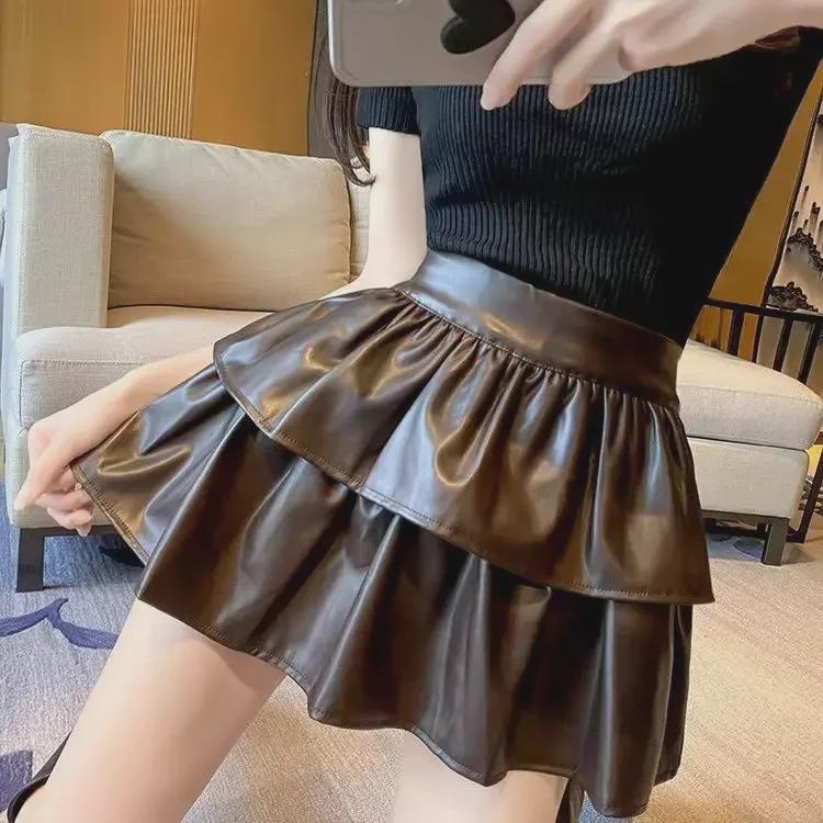 2024 Autumn/Winter Women's High Waist PU Leather A-Line Skirt - Slim, Fluffy, Anti-Exposure, Hot Girl Cake Design