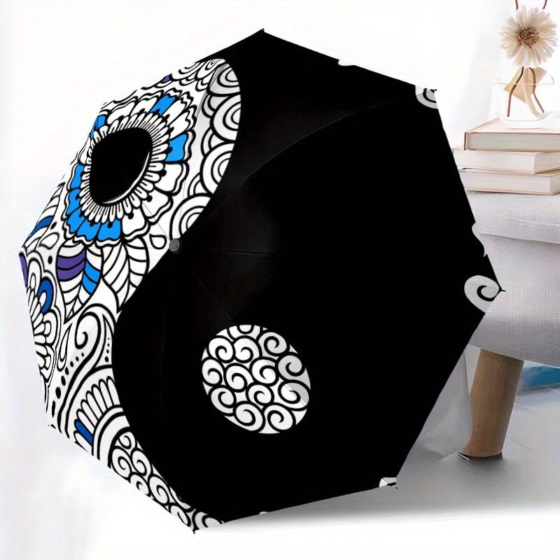 1pc Floral Yin Yang Symbol Automatic Open/Close Umbrella, Umbrella with Cartoon Design, Portable Compact Umbrella for Men & Women, Good Holi