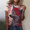 Neues T-Shirt für Damen 3D Wolf Print T-Shirts O-Ausschnitt Locker Kurzarm Bluse Damenmode Tiergrafik Tops Harajuku Streetwear