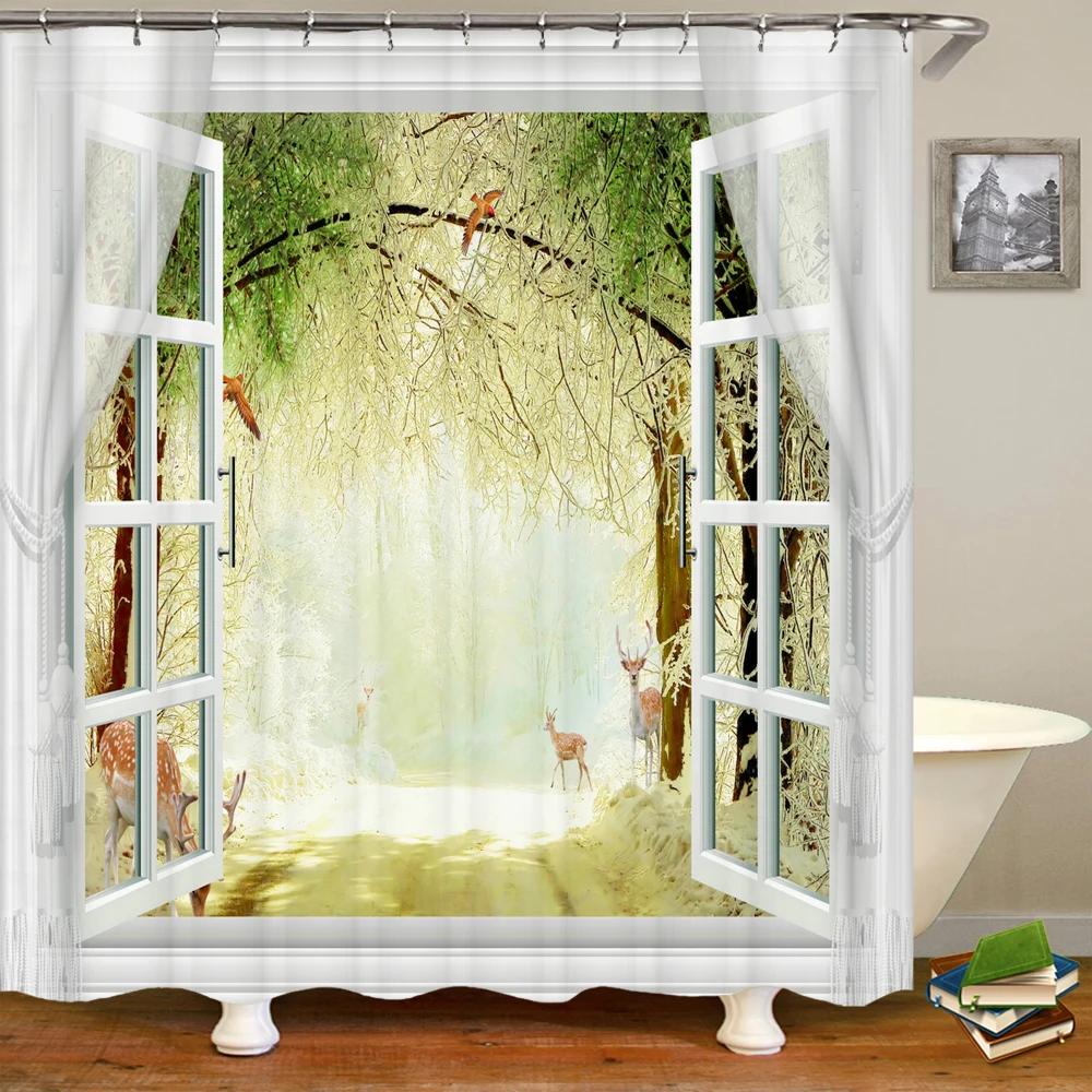 Hochwertiger waschbarer Duschvorhang Naturlandschaft 3D Wasserdichter Stoff Badezimmerdeko Groß 240X180 Bedruckter Duschvorhang