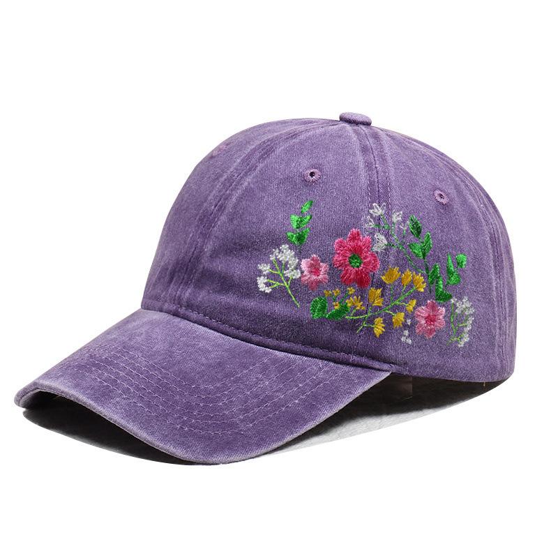 Damkeps med blommig brodyr, Vintage tvättad bomull, Justerbar solhatt