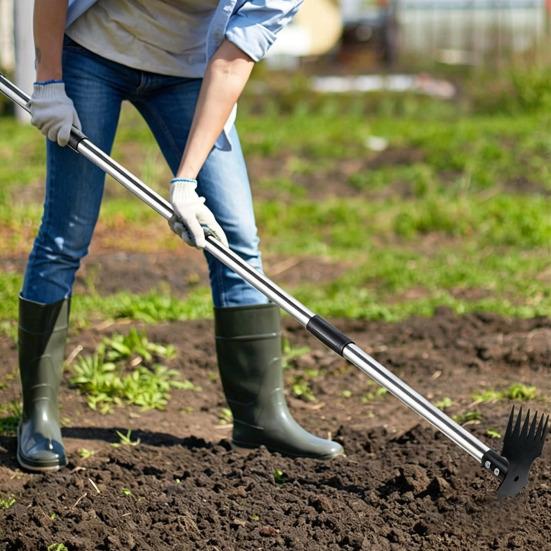 2-in-1 Weeding Rake Long Handle Weed Puller Stand-up Weeding Tool Heavy Duty Hand Rake Garden Hoe Manual Weeder for Lawn Yard