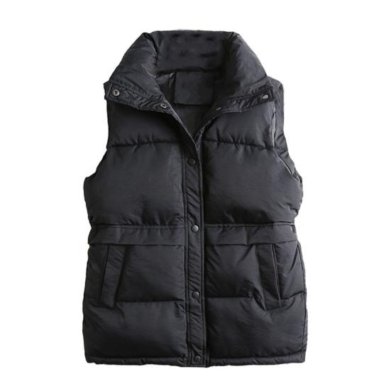 Women Winter Coat with Pockets Press Button Closure Padded Stand Collar Sleeveless Solid Color
