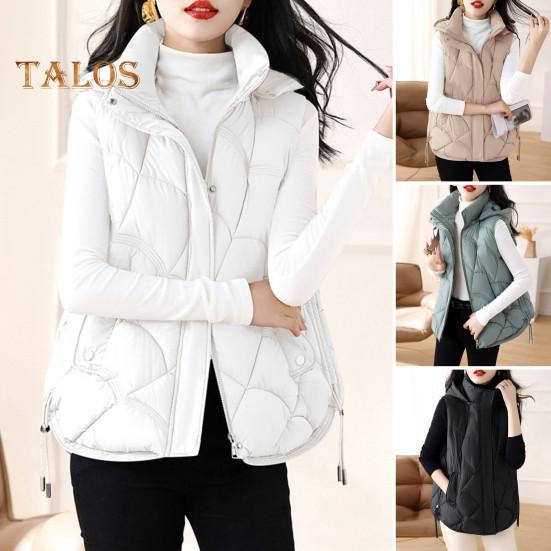 Women Cotton Vest Stand Collar Hooded Sleeveless Waistcoat Loose Fit Solid Color Zipper Closure Short Vest Outerwear