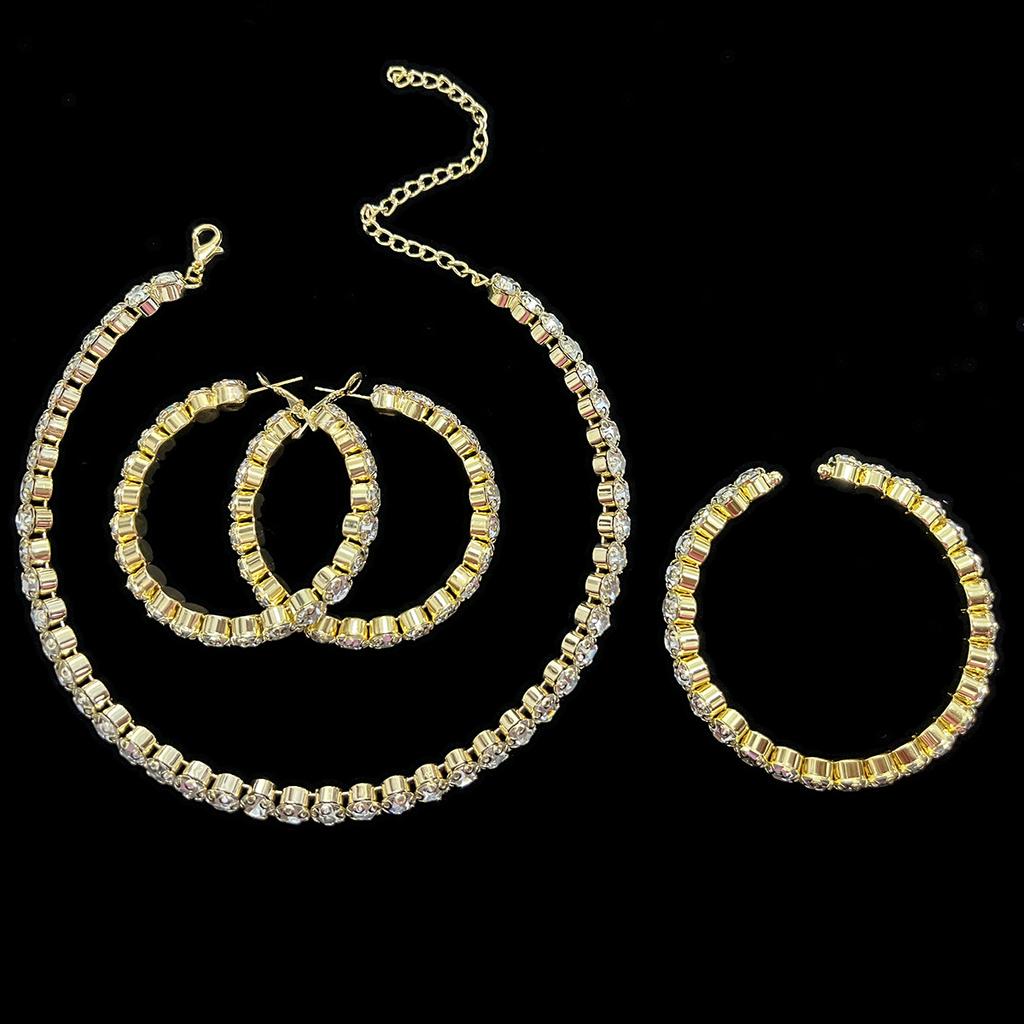 Niche Full Diamond Necklace Earrings Bracelet Three-piece Set Metal Flower Hollow Collar Bridesmaid Bride Suit Women