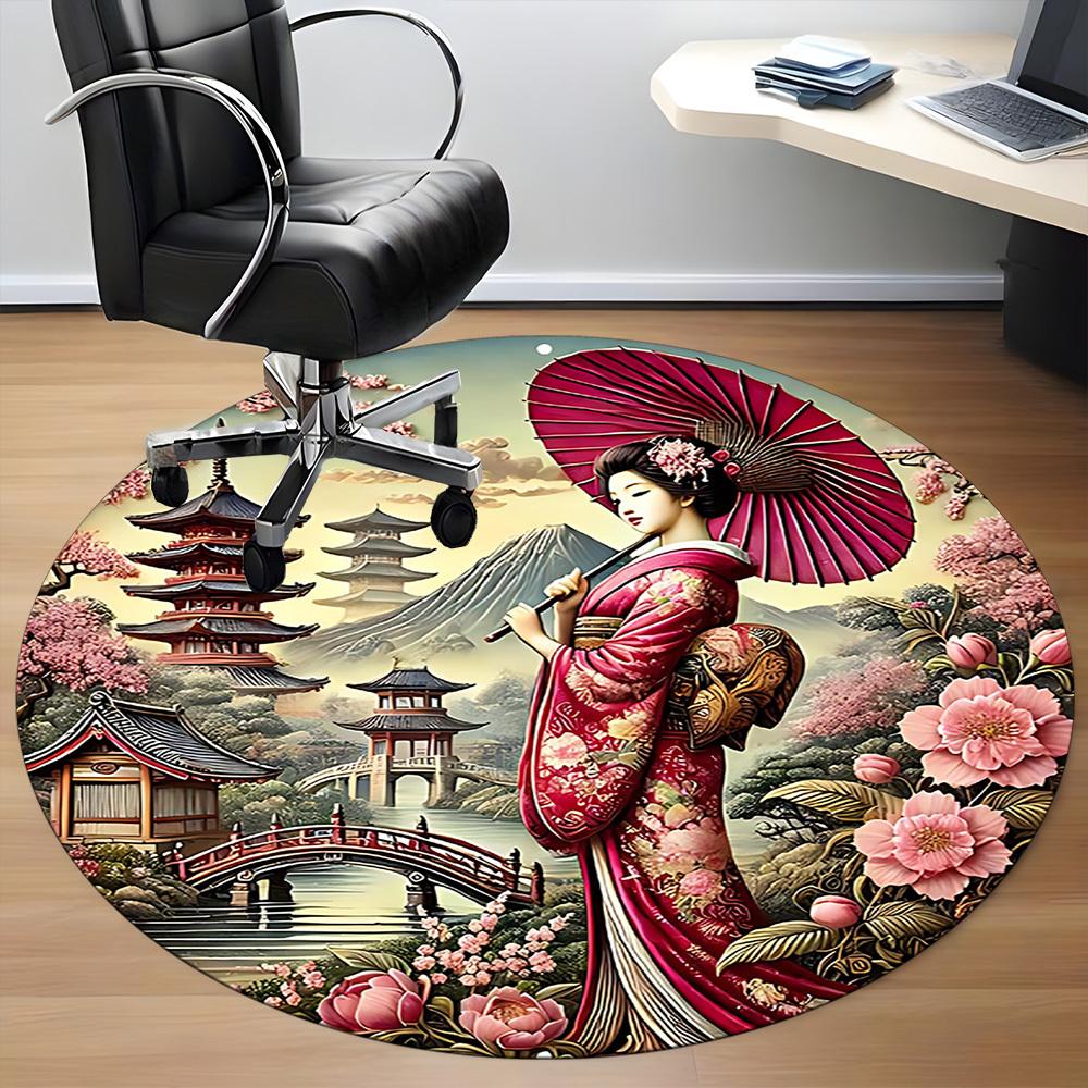 1PCGeisha Blossoms Office Round Area Rug,  Mat Suitable For Office, Under Office Chairs Bedroom Living Room Home Decor, Room Deco