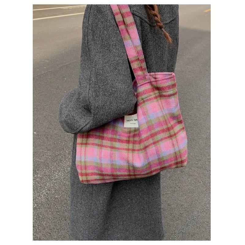 Colored Plaid Women's Woolen Shoulder Bags Vintage Large Capacity Ladies Handle Canvas Tote College Style Girls Book Handbags
