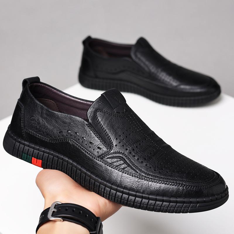 Men's Hollow Leather Shoes Men's Summer Soft-soled Soft Leather Breathable Shoes Driving Sandals One Pedal Hole Shoes