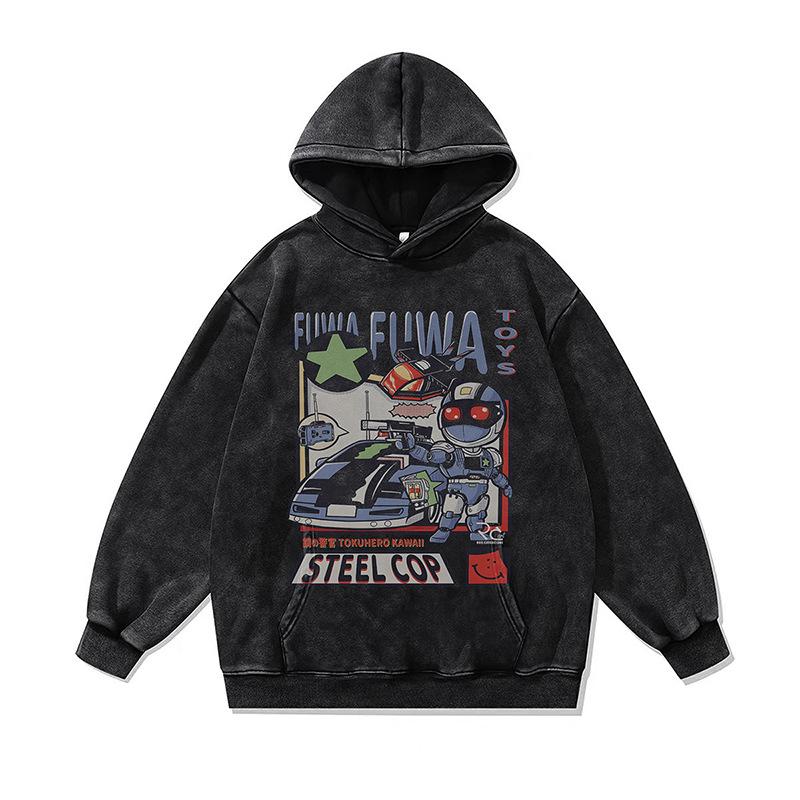 American Retro Cotton Washed Hooded Sweater Digital Direct Injection Printing Vintage Loose Hoodie For Men And Women