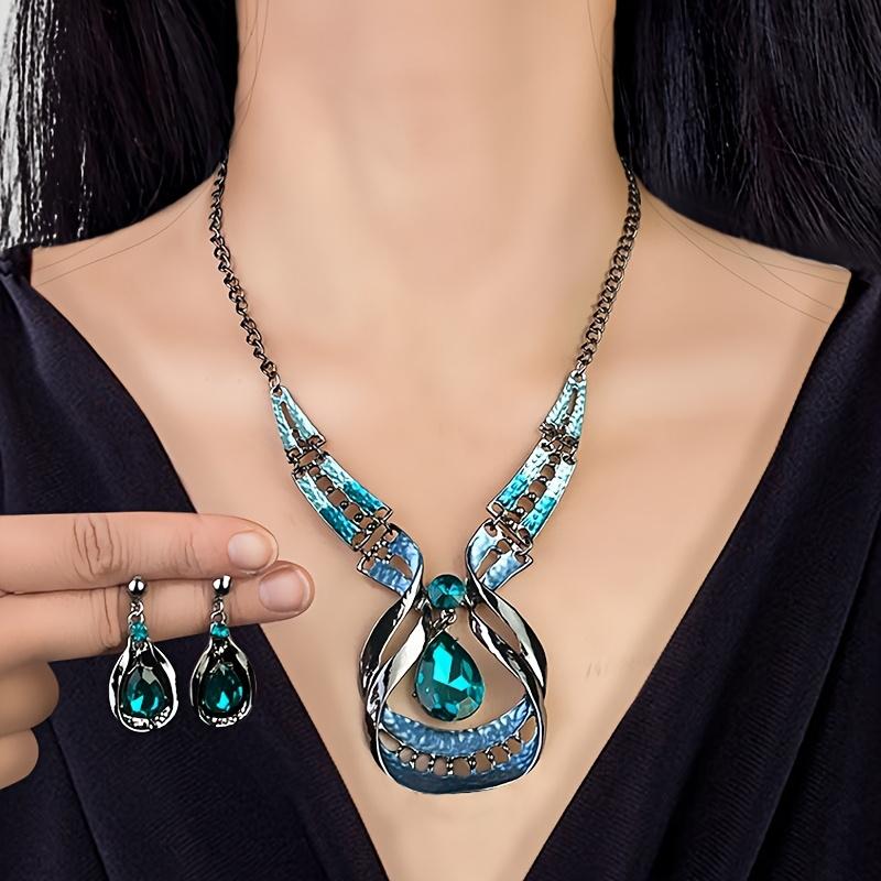 Hanmade Faux Gemstone Elegant Pendant Necklace Stud Earrings Shiny Jewelry Set Glitter Water Drop Shape Fashion 1Set