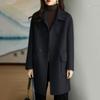 Women's Color Long Sleeve Double Breasted Mid Length Pocket Woolen Coat
