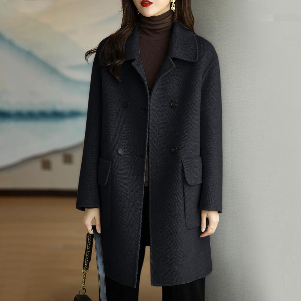 Women's Color Long Sleeve Double Breasted Mid Length Pocket Woolen Coat