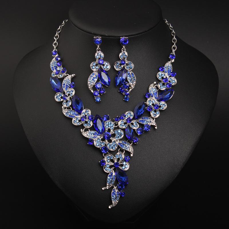 Crystal Diamond Flower Clavicle Short Necklace Set, Dress Banquet Bridal Accessories
