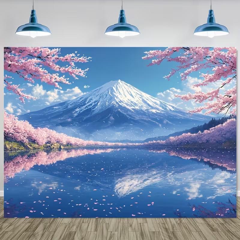 2D Japanese Cherry Blossom & Mount Fuji Photo Backdrop for Travel & Spring Events