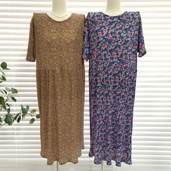 Summer Women Dress Small Flower Print Crew Neck Loose Short Sleeves Pleated Mid-calf Length Pullover Dating Shopping Midi Dress