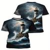 Men's Comfortable Round Neck Short Sleeve T-shirt 3D Printed Lighthouse Pattern Polyester Fiber Composition Summer Versatile