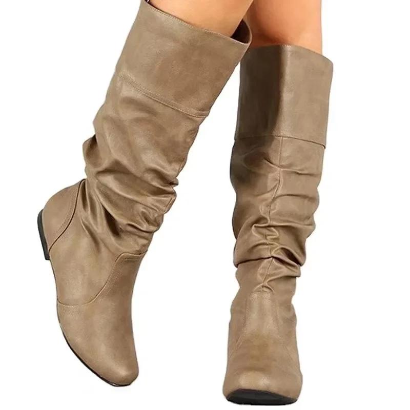 Fashion Women's Shoes 2024 Hot Sale Sleeve Women's Boots Autumn Winter Round Toe Solid High Tube Low-heeled Plus Size Western Boots