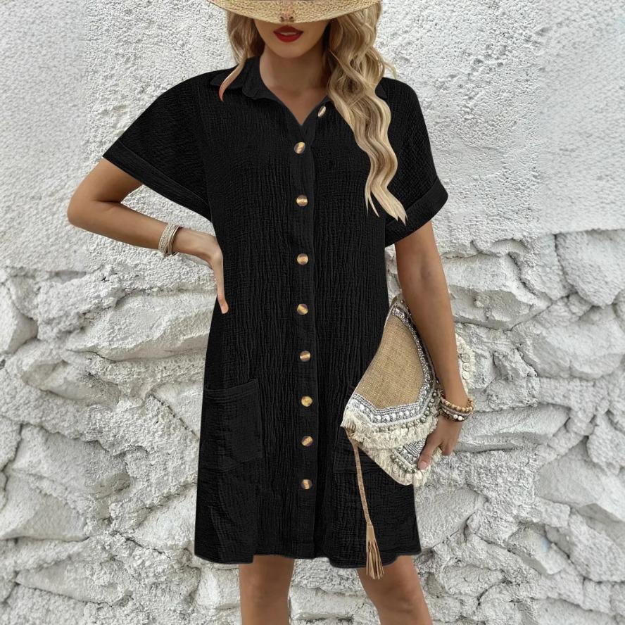 YYFS Moda feminina verão primavera cor sólida estampa manga curta polo pescoço solto cintura vestidos casuais