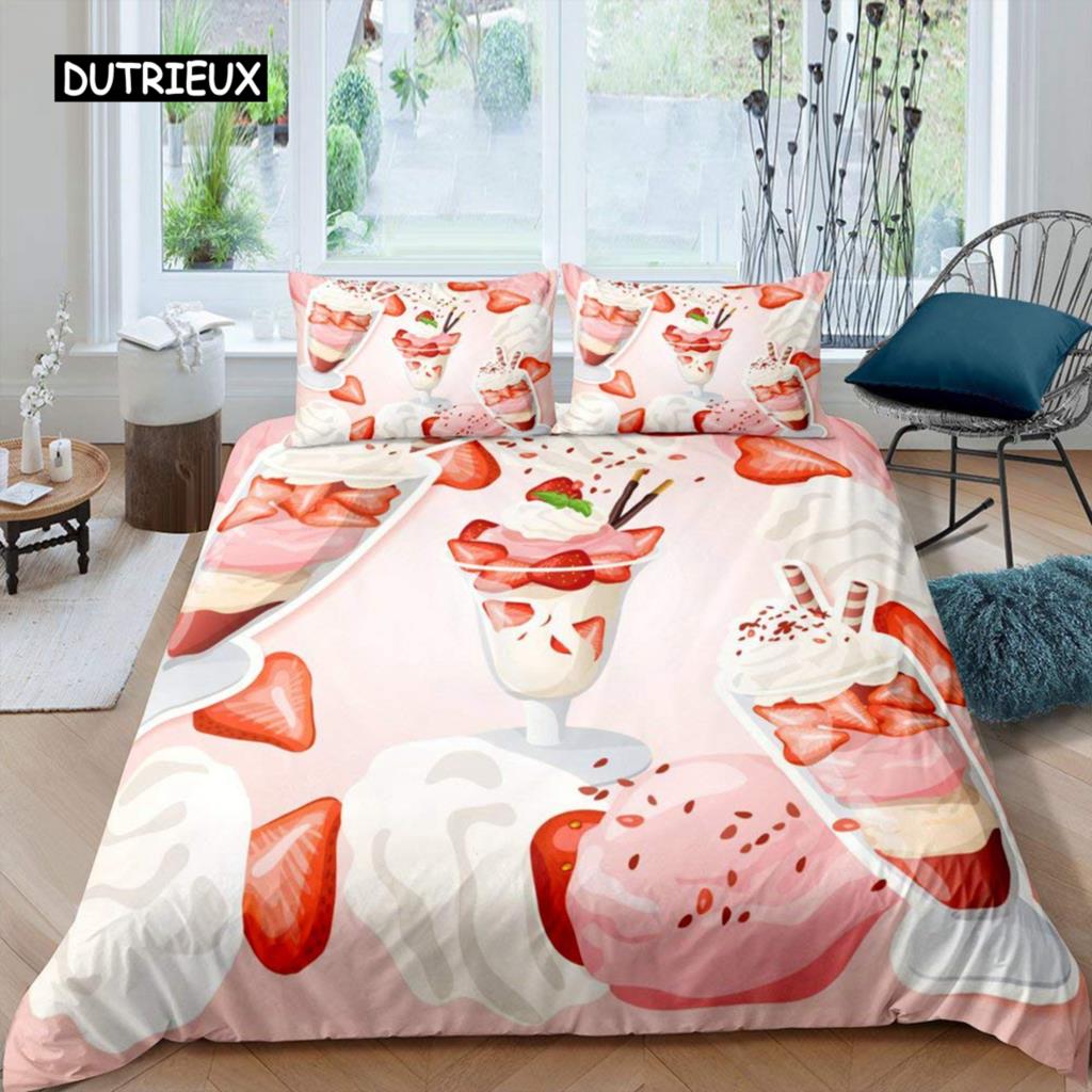 Set Copripiumino Gelato Colorato Cartone Animato Cupcake Ciliegia Limone Frutta Set Biancheria da Letto Stile Vacanza Estiva Morbido Copripiumino