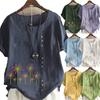 Women's Linen Shirt Summer Fashion Casual Round Neck Floral T Shirt Short Sleeve Tops Loose Blouse