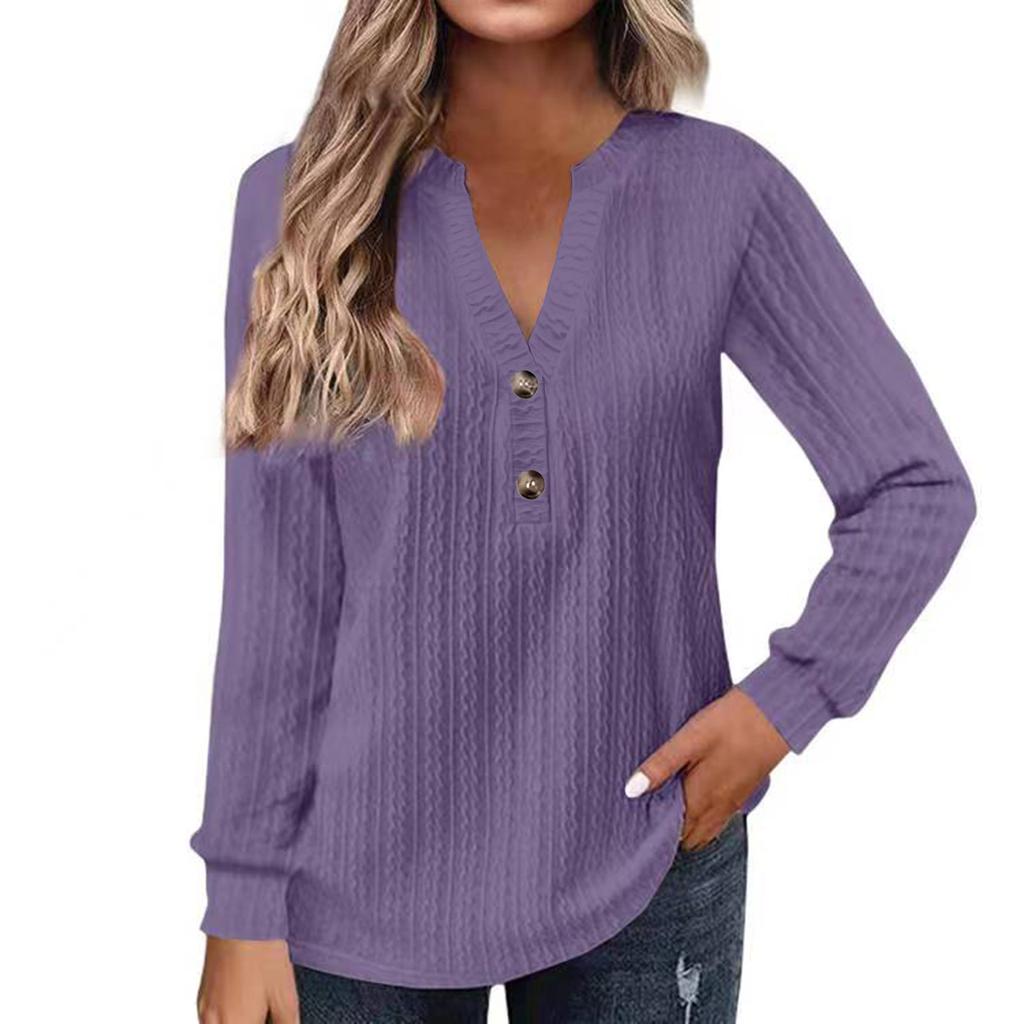 Women Long Sleeve Henley Tunic Top Solid Ribbed Knit V Neck Button Casual Loose Blouse Shirt
