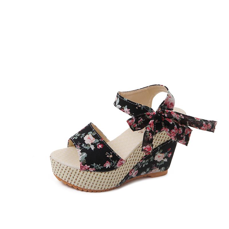 Fashion Women Wedge High Heels Sandals Flower Print Summer Casual Shoes for Women