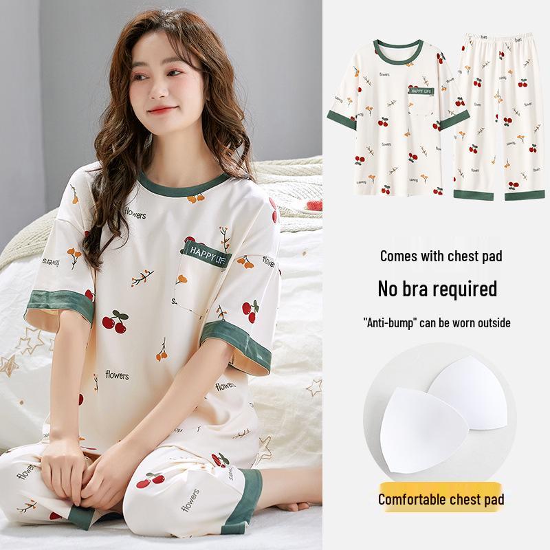 Women's Stretchy Summer Pajamas with Built-in Bra, Short Sleeve Top & Three-Quarter Pants, Round Neck, Pullover, Thin 2-Piece Set for Outdoor Wear.