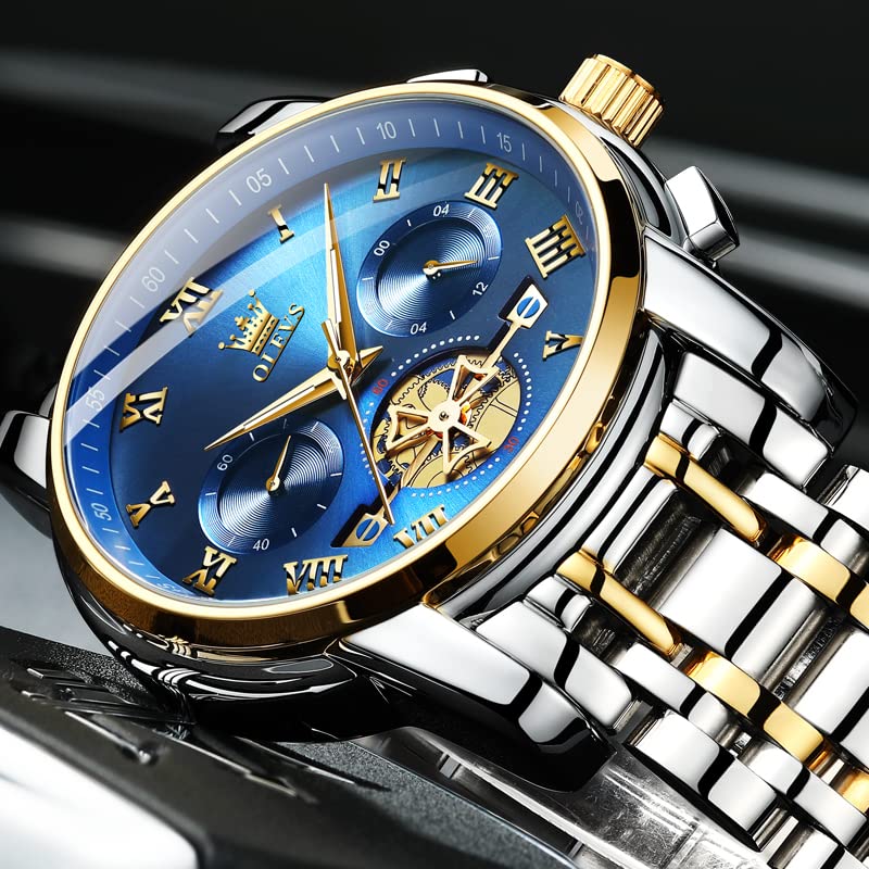 OLEVS Men's Stylish Chronograph Watch, Popular Brand for Business, Large, Easy-to-Read Analog, Waterproof Quartz Wristwatch, Black (Blue)