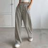 Women Elastic High Waist Vertical Stripe Wide Leg Pants With Side Pockets Loose Casual Trousers