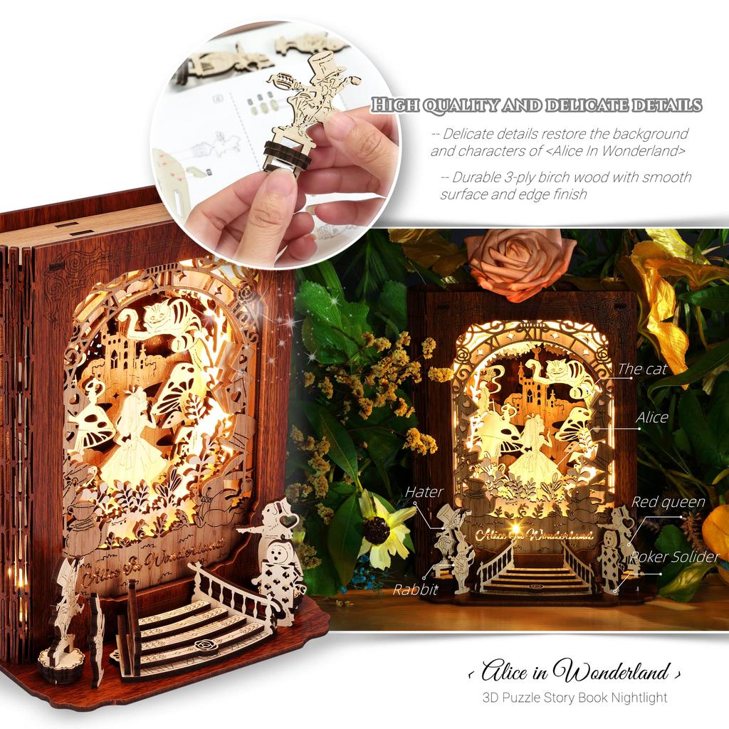 FUNPOLA Alice In Wonderland 3D Puzzle 3D Puzzle Night Light Story Book Lamp DIY LED Dimmable Book Lamp Wooden Puzzle Handmade Home Decoration Lamp