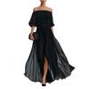 Off Shoulder plissert chiffong maxi-kjole for kvinner, elastisk midje, halvlang, lang aftenkjole med splitt