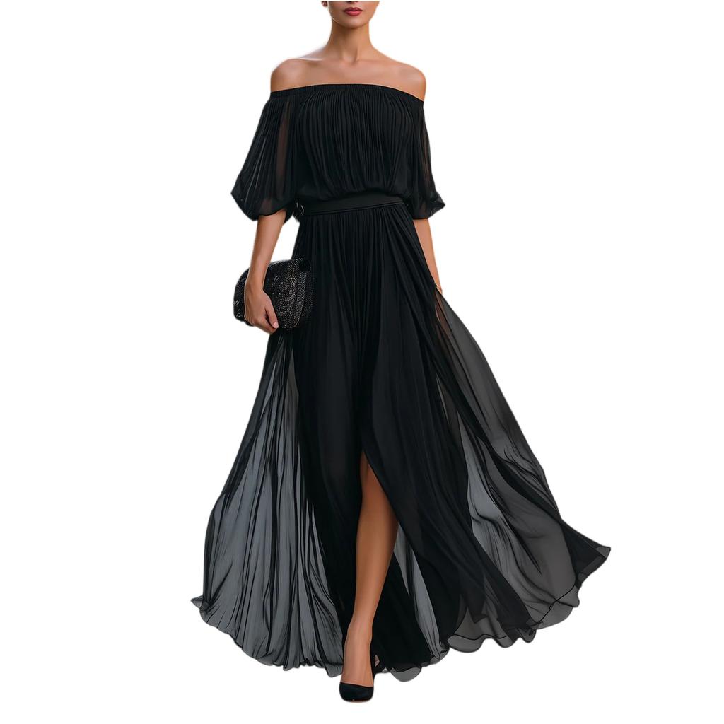 Off Shoulder plissert chiffong maxi-kjole for kvinner, elastisk midje, halvlang, lang aftenkjole med splitt