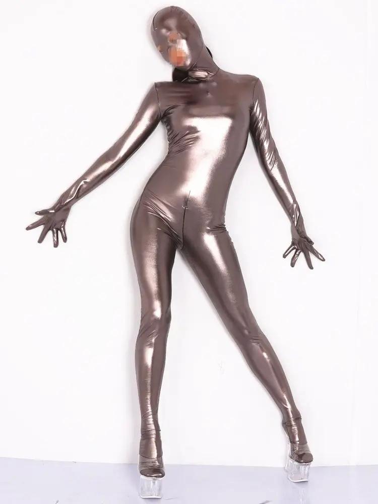 S-5Xl Unisex Cosplay Catsuit Faux Pu Leather Zentai Fingers Bodystocking Zipper Open Crotch Bodysuit Tights Leotard Conjoined