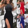 Summer Sexy Women Dresses Rhinestone Decor Elegant Fashion Multi-Strap High Slit O-Neck Sleeveless Maxi Skinny Party Dress