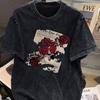 Casual Shirt Crew Neck Rose Top Retro Street Fashion Retro Men And Women Can Print T-Shirt Washed T-Shirt Base
