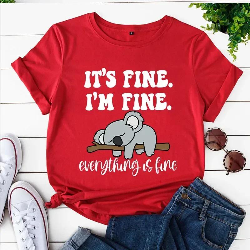 Women's Fashion T-shirt Koala Print Tops Casual Short-sleeve Shirt It's Fine I'm Fine Everything Is Fine Cartoon Womens Clothing