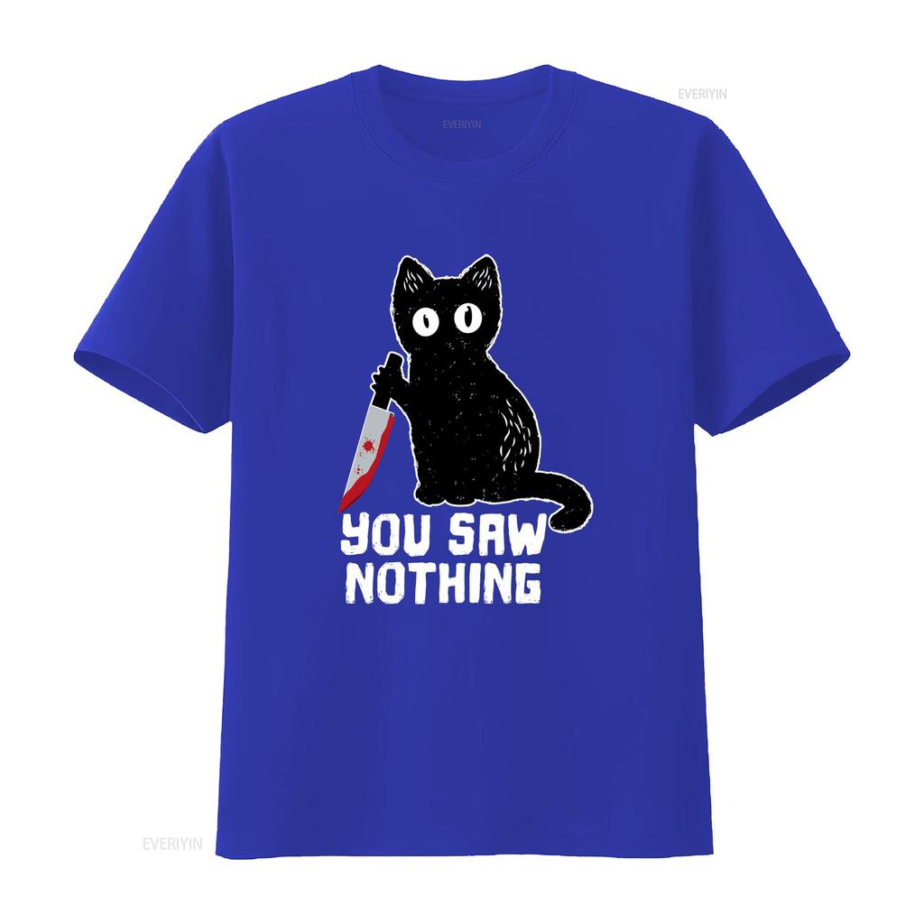 Mens Halloween Funny Cat T Shirt with Bloody Knife You Saw Nothing  vintage Washed Top For Everyday Wear Comfortable graphic