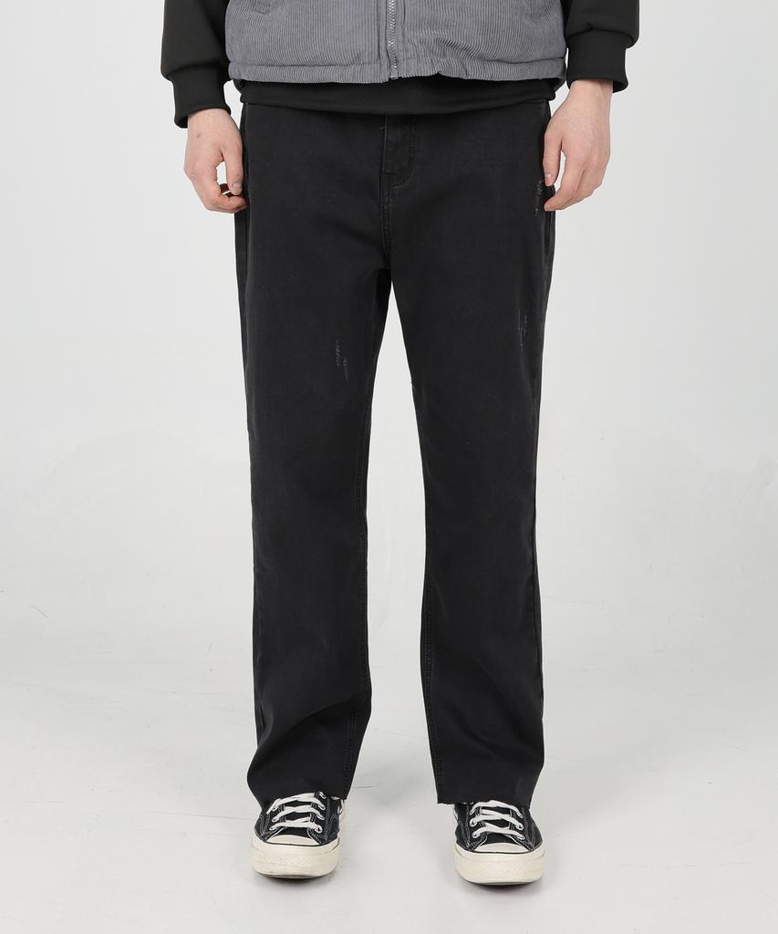 Jikeulib Bonded Brushed Black Cut-Off Hem Straight Denim Pants