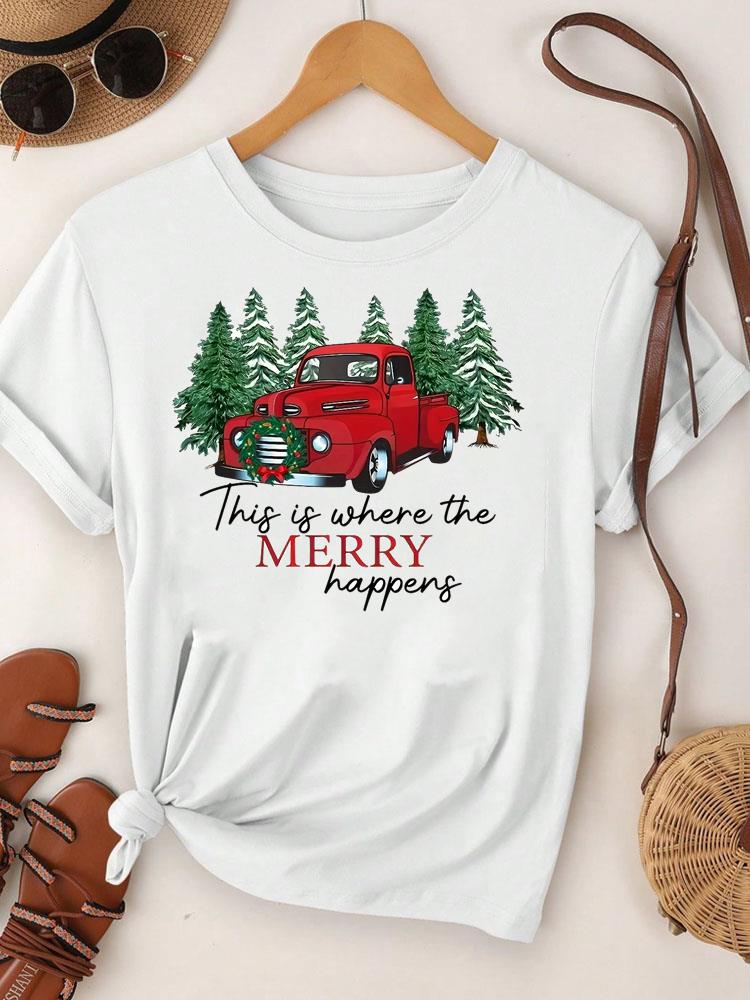 (Asian Size) Merry Christmas Tee Top festival New Year Holiday Casual lovely letter cute 90s Women Print Lady Short Sleeve Fashion Graphic T-shirts