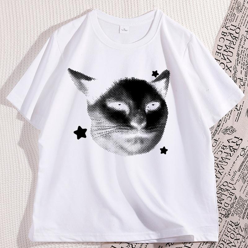 Vintage Graphic Cat Tee Casual Funny Y2k Cats Lover T Shirts 90s Retro Cotton Short Sleeve Tee Shirt Man Clothing Streetwear