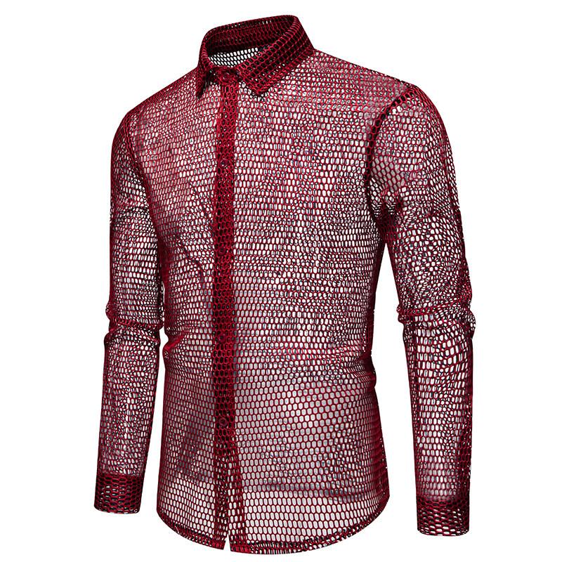 New Fashion Hollowed Out Design Men's Long Sleeve Shirt Personality Performance Shirts Male Nightclub Dance Perspective Shirt