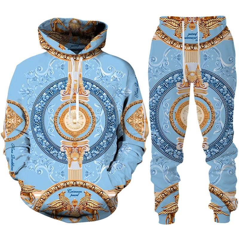 Luxury Golden Floral Print Men's 2 Piece Outfit Retro Baroque Pattern Hoodie/Pants/Set Hip Hop Streetwear Men/Women Jogging Suit
