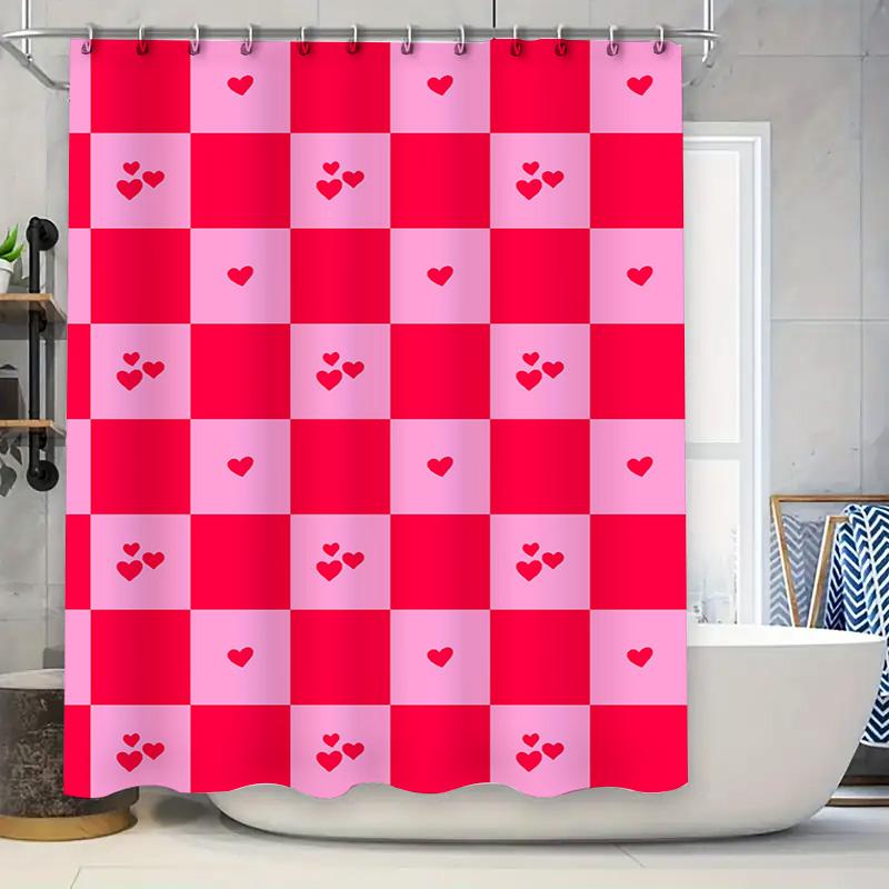 Roze Rode Liefdeshart Geruit Douchegordijn Huis Badkamer Decor Waterdicht Plastic Stangzak 72 x 84 inch (183cm*213cm) Vrij
