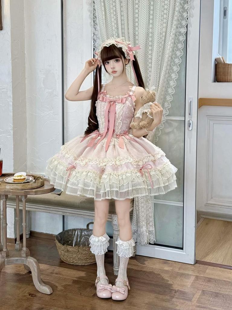 Dreamy Cute Lolita JSK Jumper Skirt with Ribbon and Fluffy Gothic Lolita Mori Girl Idol Dress Size M [XHSUKADO] Lace, Women's One-Piece Dress, Dress,