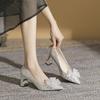 Shiny High Heels Shoes Women 2024 Spring New Bowknot Rhinestones Pointed Toe Women's Shoes Chunky Heels Pumps Zapatillas Mujer