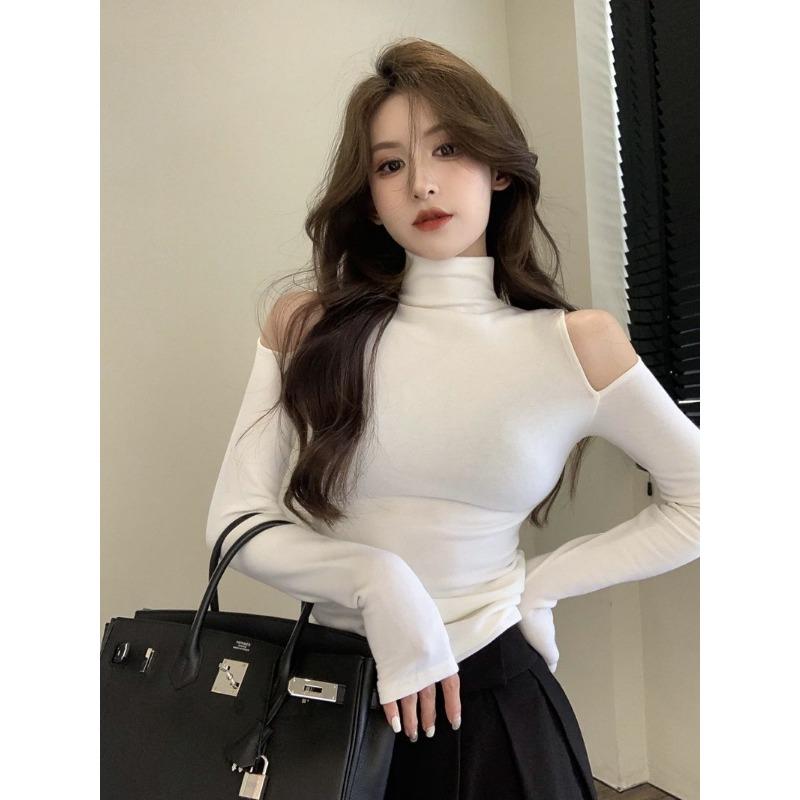 Autumn New Fashionable Turtleneck Bottoming Shirt Women's Long-sleeved T-shirt Off-shoulder Design Top