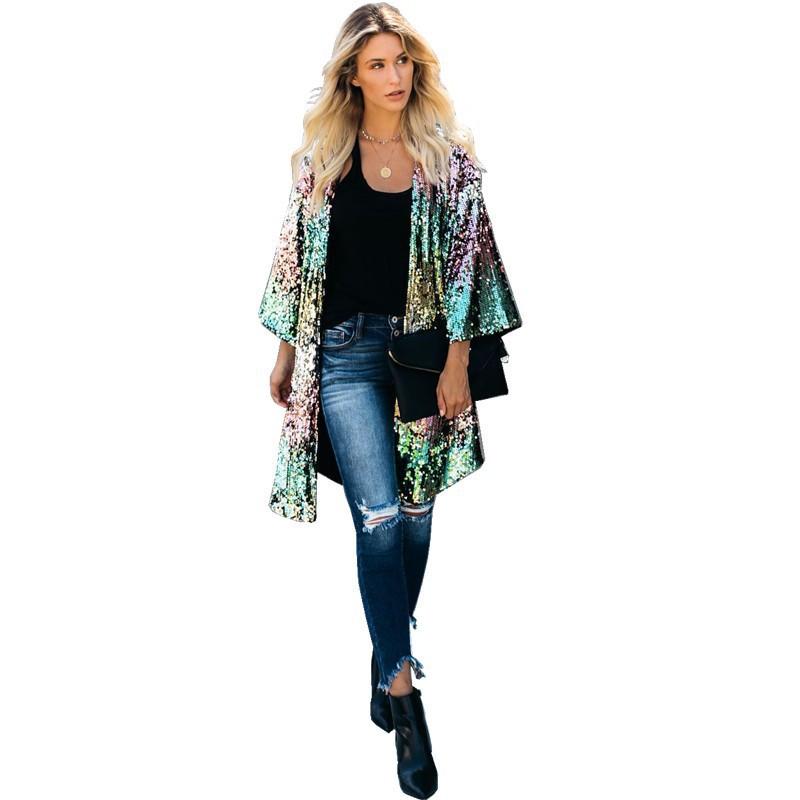 Women's Clothing European and American Fashion Color Sequins Personalized Street Cardigan Trench Coat Women