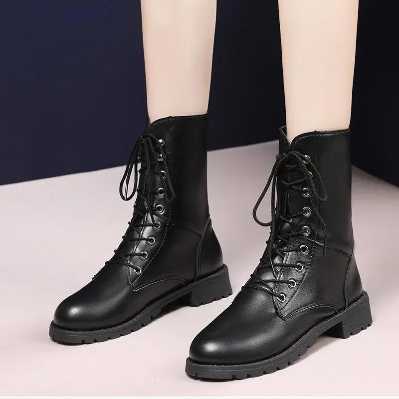 Women's Winter Motorcycle Boots Wear-resistant Anti-slip Round Head Keep Warm Women Shoes Front Lacing Retro Outdoor Leisure